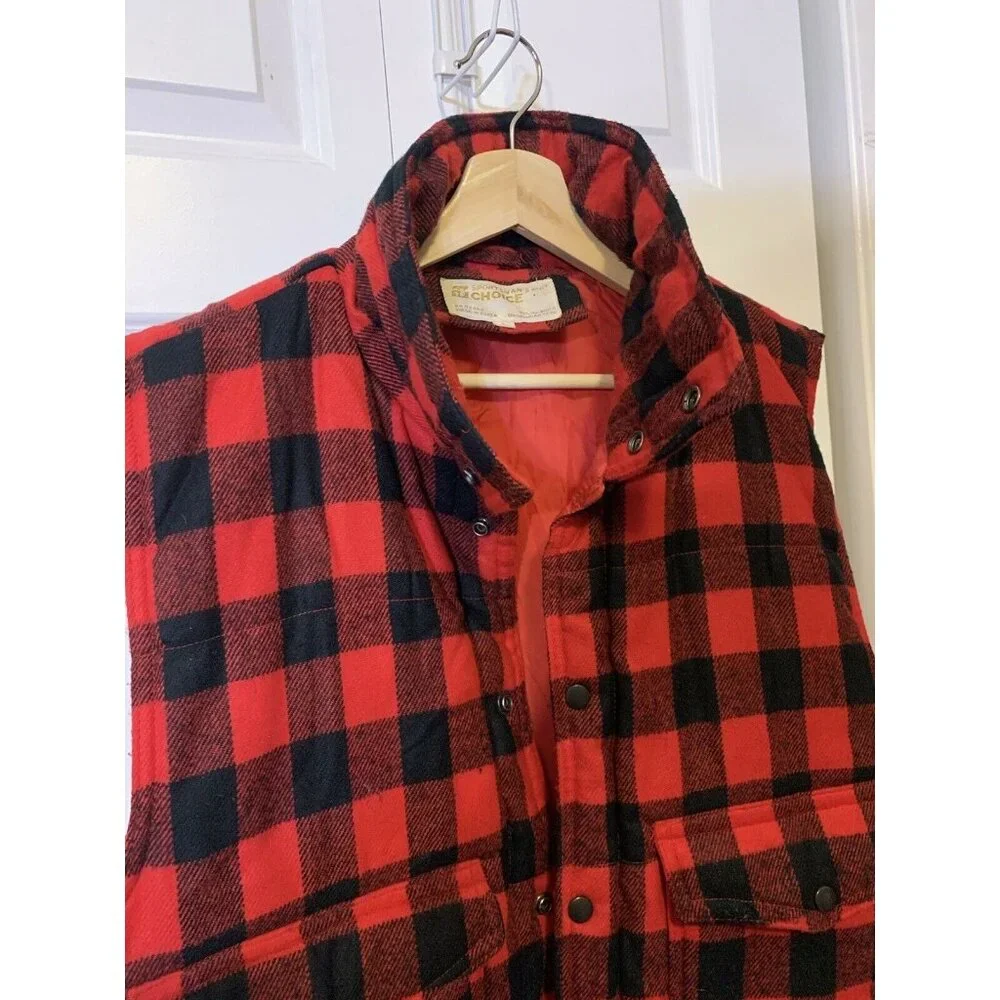 SPORTSMAN’S CHOICE Men’s‎ Sz L plaid hunting vest vtg black & red plaid outdoors